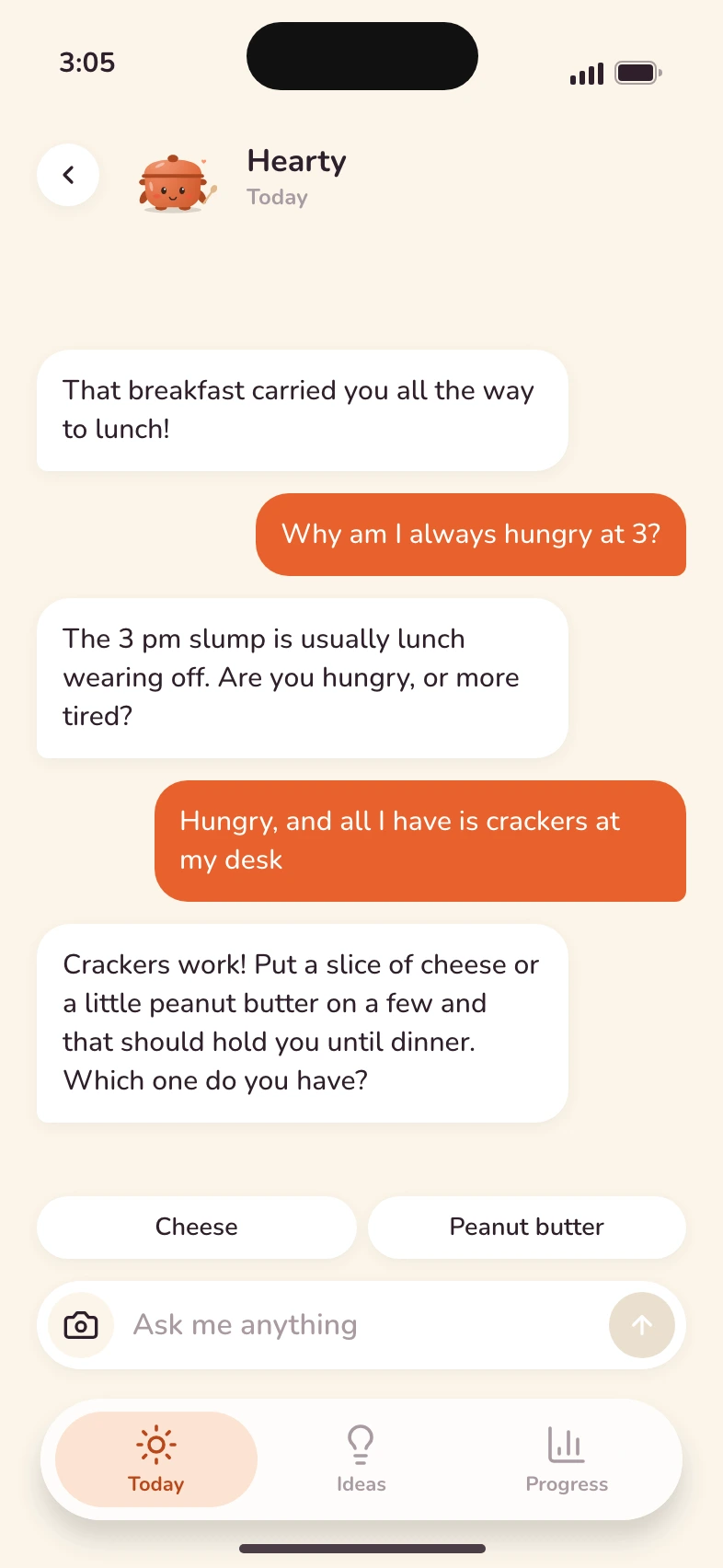 A chat where Hearty suggests cheese on crackers to get to dinner